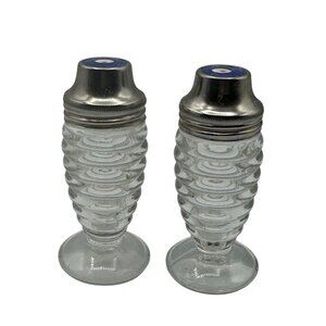 Vintage Hazel Atlas Ribbed Glass Salt & Pepper Shakers With Metal Lids